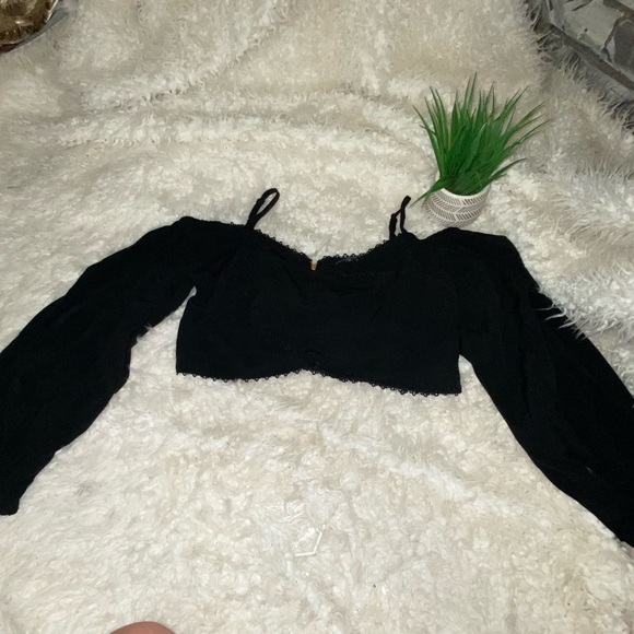 Oliviaceous top crop Med back zip balloon sleeve summer black 72 - Picture 2 of 5